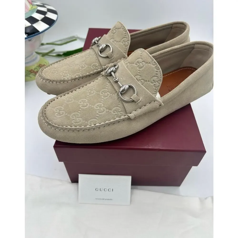 Men's Gucci suede oatmeal GG embossed driver loafers size 8 fits 8.5 US